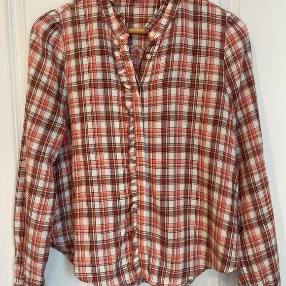 Loft Plaid Ruffle Trim Shirt XS - Picture 4 of 7